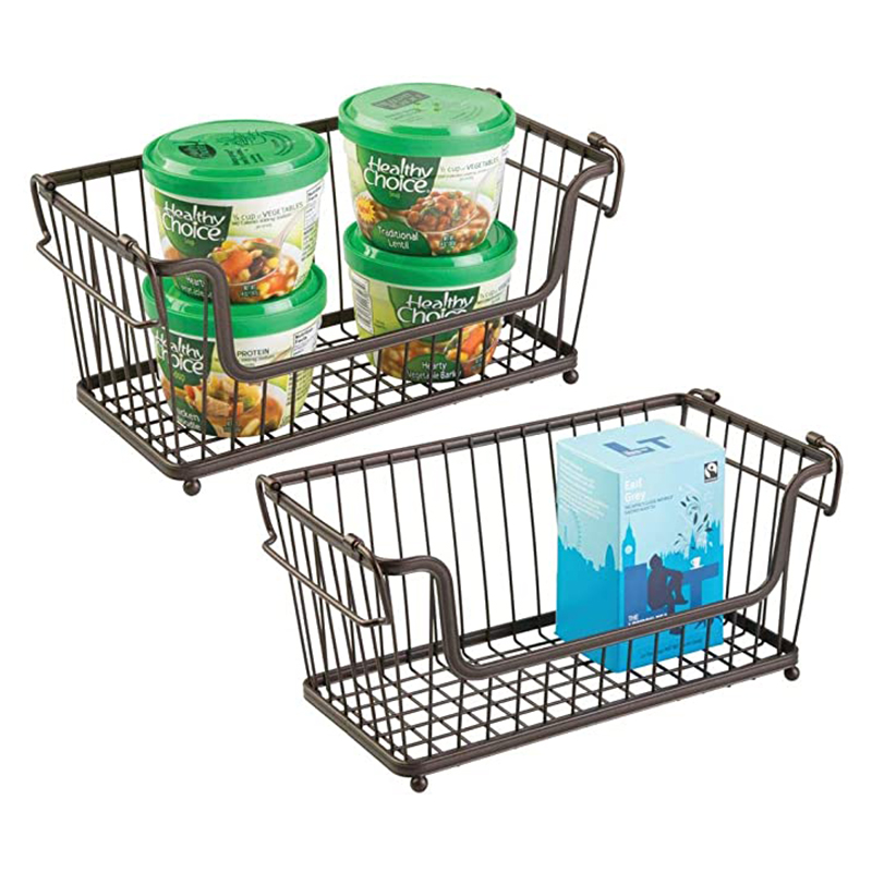 Metal Wire Household Stackable Storage Organizer Bin Basket with Handles, for Kitchen Cabinets, Pantry, Closets, Bathrooms  set of 2 ,Small