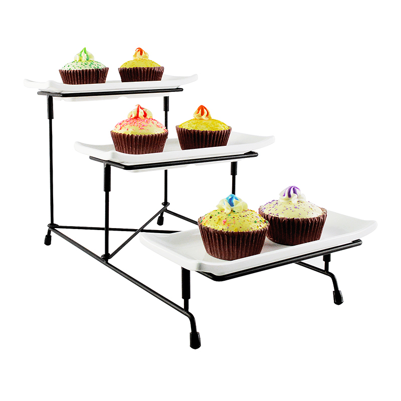 3 Tier Collapsible Thicker Sturdier Plate Rack Stand With Plates - Three Tiered Cake Serving Tray - Dessert Fruit Presentation - Party Food Server Display - 3 White 12' x 6