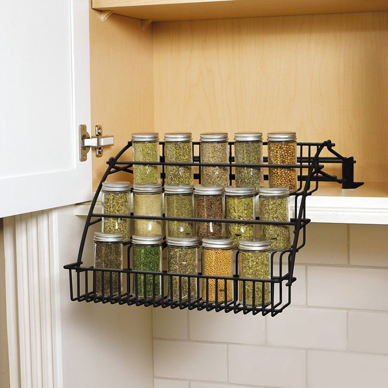 3 Tier Pull Down Spice Rack- Easy Reach Kitchen Storage Shelf Organizer for Cabinet and Pantry-Holder for Seasoning Jars Bottles