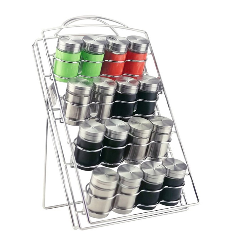 Inclined Spice Rack - 16 Jars Included - Seasoning Organizer & Storage Stand for Countertop or Cabinet | The Wire Collection, Stainless steel