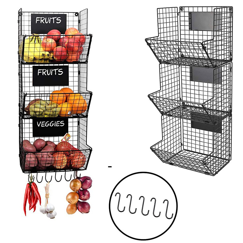 Foldable 3 Tier Fruit Vegetable Basket Bin Bathroom Towel Rack Kitchen Storage Organizer With 3 Adjustable Chalkboards and 5 S-Hooks